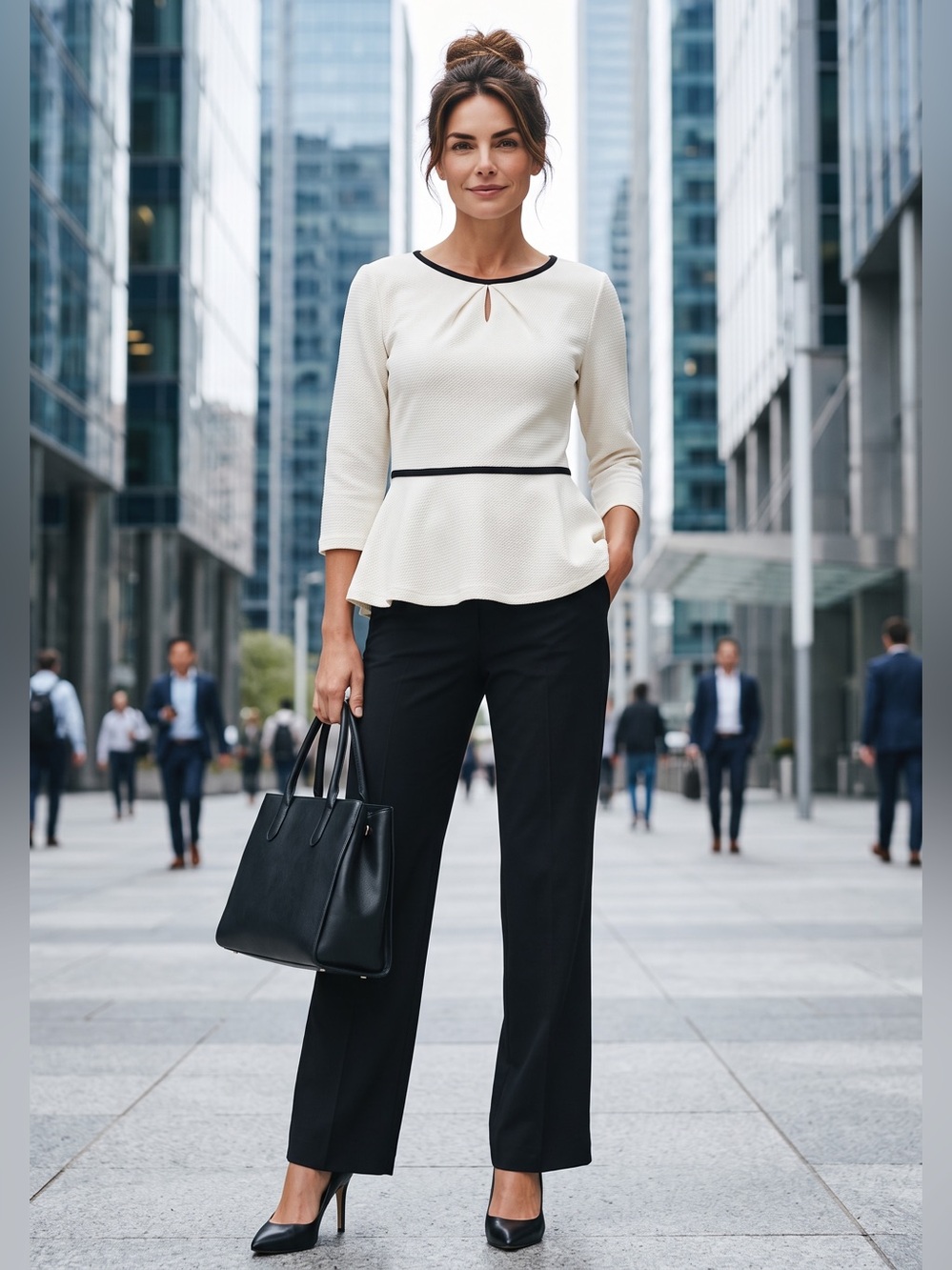 Elle White Textured Peplum Top with Black Trim